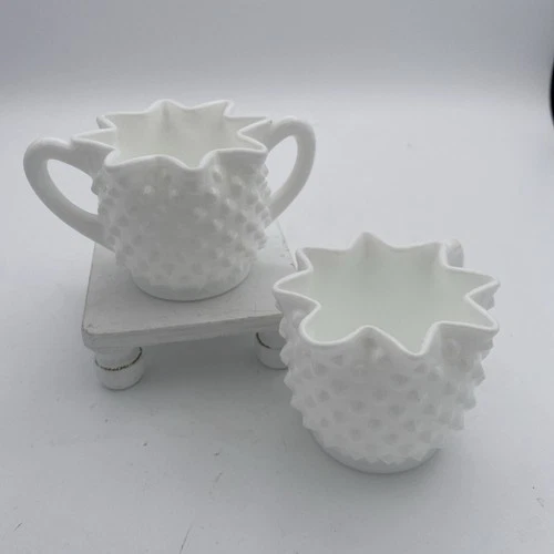 Vintage MCM Fenton White Milk Glass Hobnail Star Creamer And Sugar Set