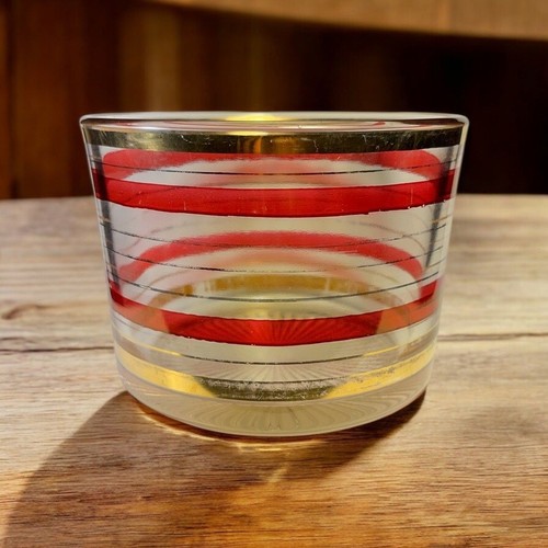 Glass Ice Bucket Red and Gold Striped Mid Century Modern Vintage Barware