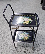 Vtg. 1950's Retro BLACK Flowers Metal Rolling Bar Serving Cart w/ Trays Folding