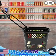 6pcs 35L Retail Cart Wheels W/ Handle Rolling Shopping Basket Trolley Black