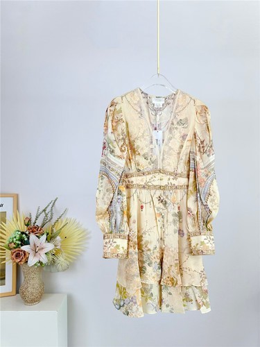 CAMILLA silk linen printed V-neck lace stitching dress crystal rhinestones dress - Picture 3 of 9