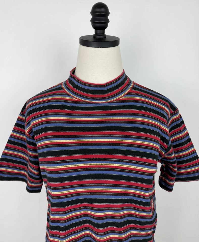 Camiseta Top Cuello Simulado De Colección Para Mujer Mediana Años 90 Rayas Camiseta Tejida Colorida Grunge Foto 3 de 4