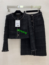 2026 tweed round neck short silm coat+pencil skirt set black grace suit women
