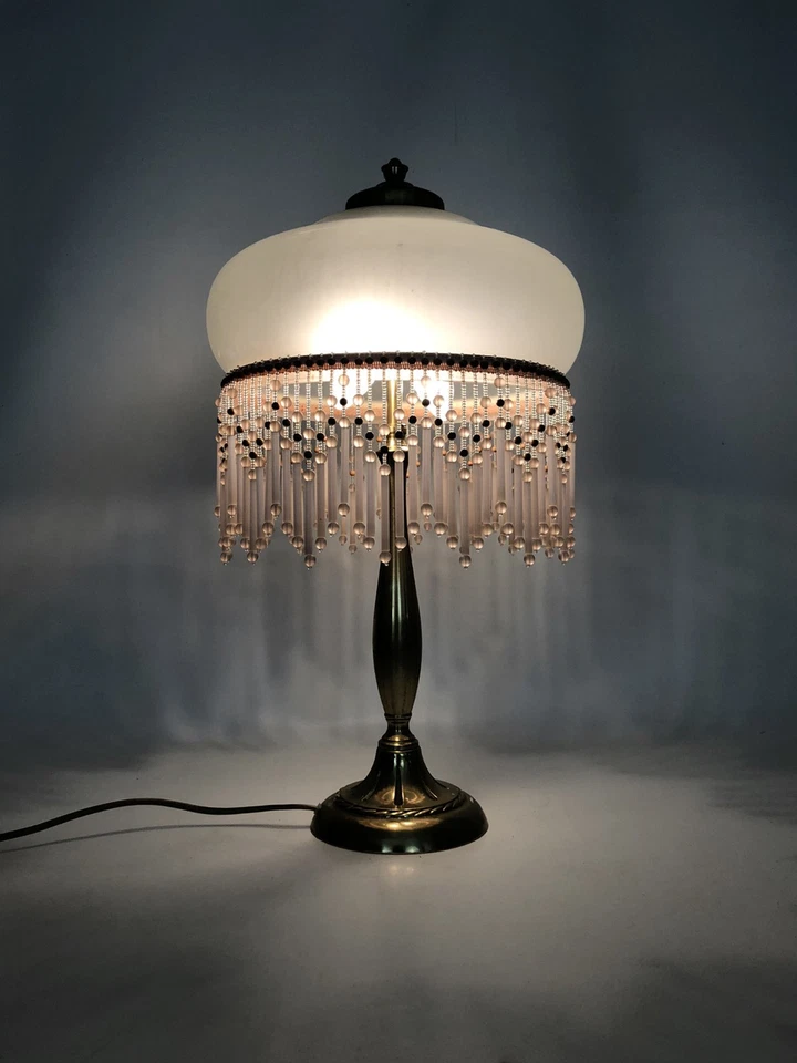 Lampe de table, lampe de chevet 2 feux, pied laiton, globe et perles rose - Photo 2/4