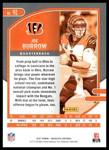 2021 Panini Absolute #42 Joe Burrow Green Cincinnati Bengals - Picture 2 of 2