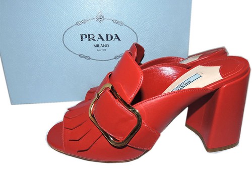 PRADA Sandals Kiltie Fringe Mules Buckle Slide Block Heel Shoe RED Slingback 38 - Picture 1 of 6