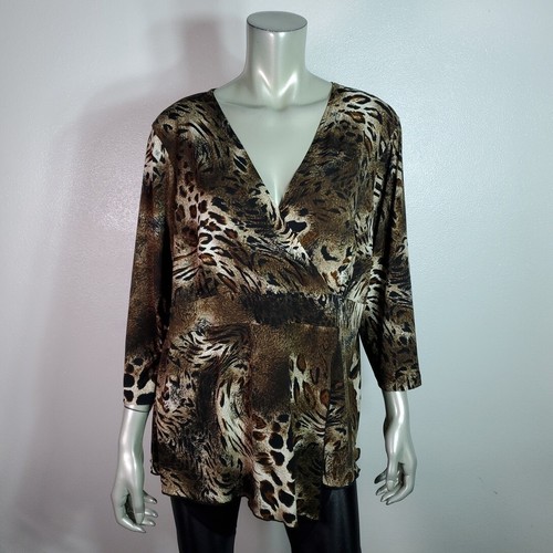 Susan Lawrence Top Plus Size 2X Animal Print Empire Waist Stretch V-Neck Brown - Picture 2 of 6
