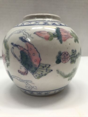 Koi Fish Bowl Jardiniere Ceramic Planter Blue Pink Lotus Flowers 3.25” Tall - Picture 3 of 12