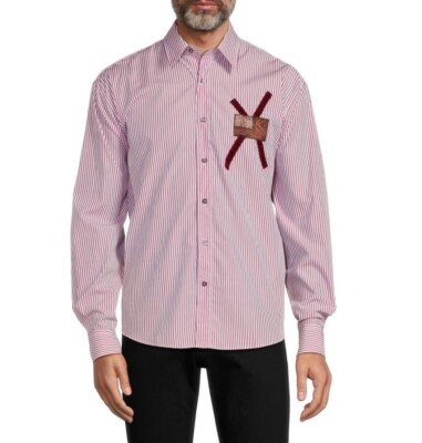 $750 NWT Roberto Cavalli Contrasting Stripes & Animal Patch Long Sleeve Shirt M