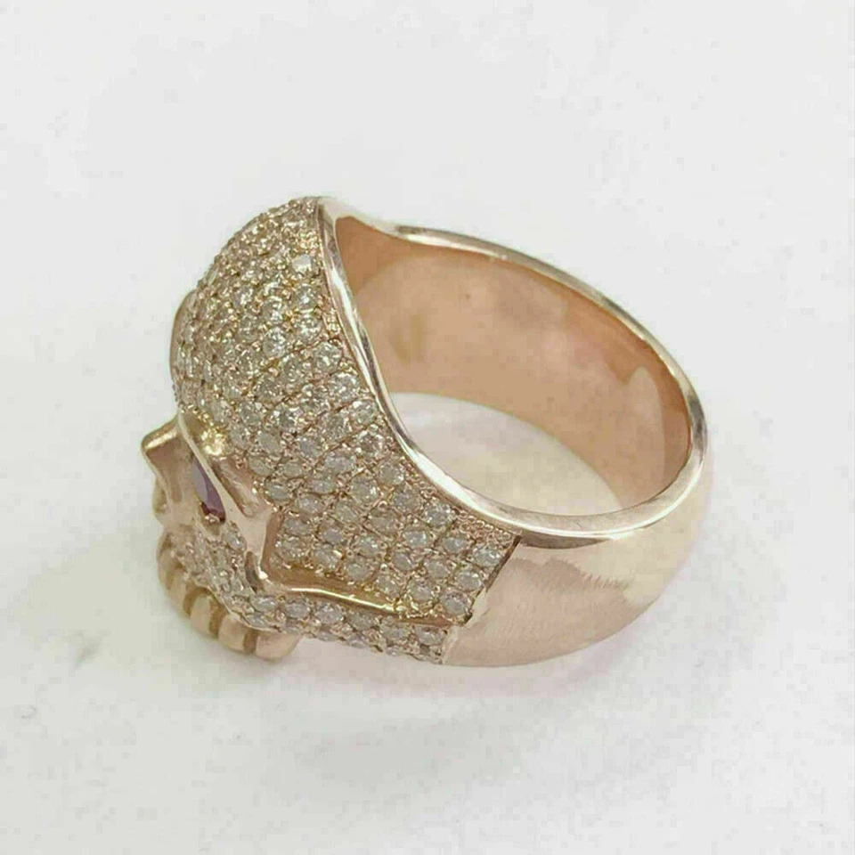 2.50 CT Simulated Red Ruby Men's Skull Wedding Band Ring 14K Yellow Gold Plated - Image 2 of 4