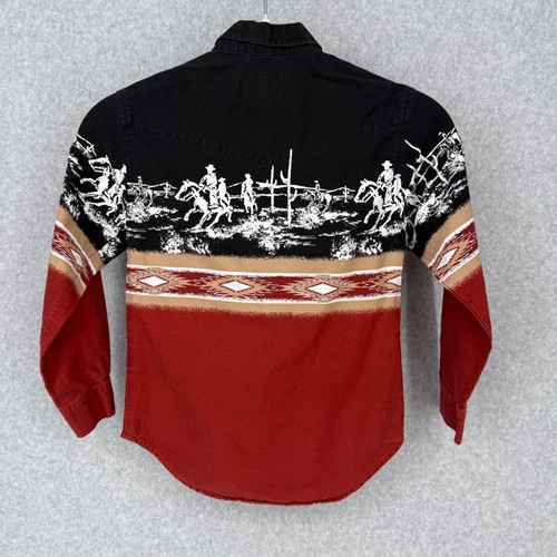 Roper Boys VTG Cowboy Button Up Shirt Size S/6-7 Black Red Rodeo Western Print - Picture 5 of 11
