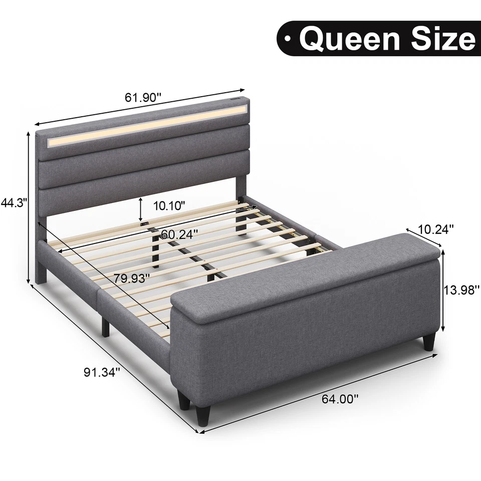 Upholstered Full Queen LED Bed Frame with Storage Ottoman, Charging Station - Image 3 of 4