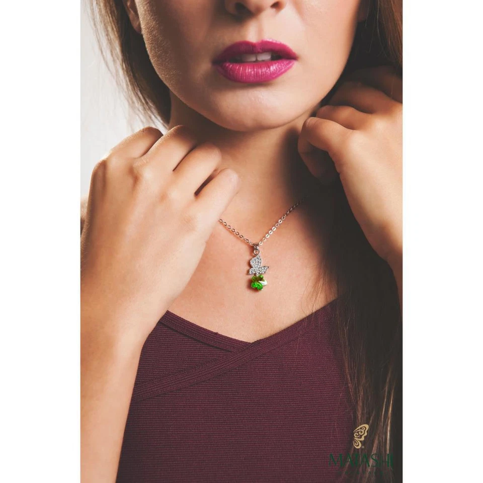 16» родия покрытием ожерелье с бабочка, цветок и зеленый кристаллы, идеальный подарок - Изображение 4 из 4