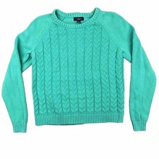 Lands End Sweater Womens Large Teal Cable-Knit Cotton Green Fishermans