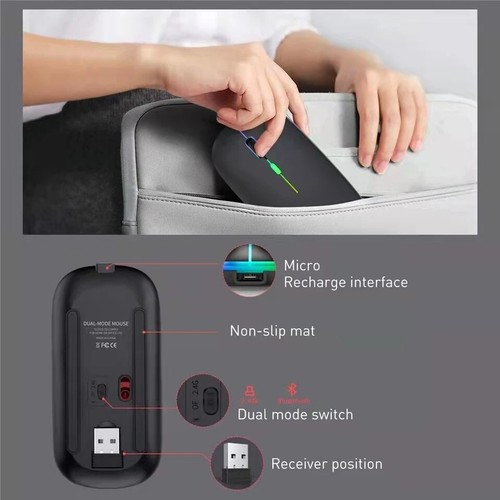 Wireless Mouse Bluetooth Optical 2.4GHz USB Rechargeable RGB Mice for PC Laptop - Photo 3/17