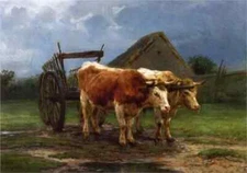 ZOPT0334 100% Handmade Painted Two oxen pulling cart Oil Painting Art On Canvas