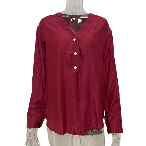 Women's V-Neck Basic Solid Leisure Shirt Long Sleeve Blouse Tops Fashion Blouse - Picture 10 of 22