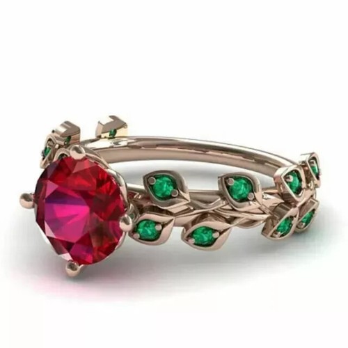 Lab Created Red Ruby Engagement Ring 2.90Ct Round 14K Rose Gold Plated Silver - Picture 4 of 5