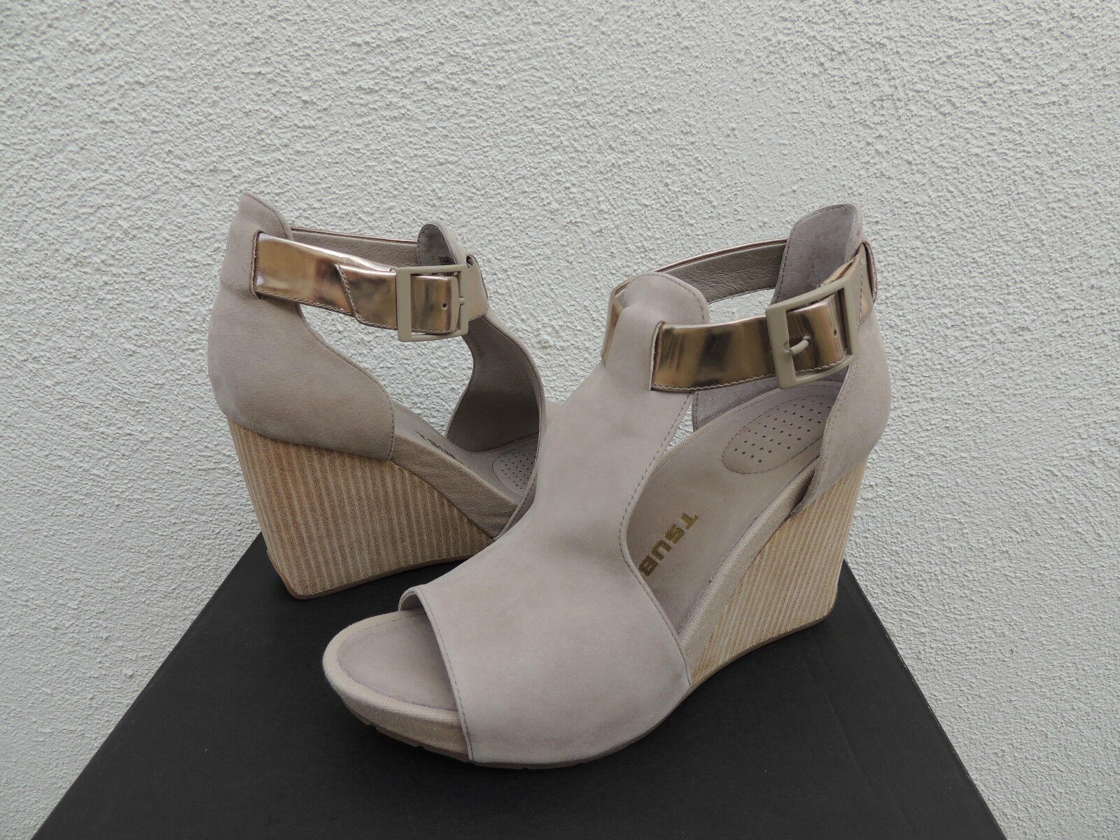 TSUBO TSUBO TSUBO NANCIE WET CEMENT LEATHER ANKLE STRAP WEDGE HEELS, US 9 EUR 40 NEW a37070 TSUBO TSUBO TSUBO NANCIE WET CEMENT LEATHER ANKLE STRAP WEDGE HEELS, US 9 EUR 40 NEW a37070