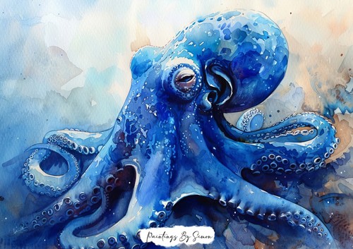 Blue Octopus Watercolor Painting Print 5"x7" on Matte Paper - Vibrant Art - Picture 3 of 6