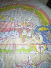Vintage Noah  s Ark Pastel Quilt Coverlet Blanket Baby Giraffes Hippos GUC Rainbo