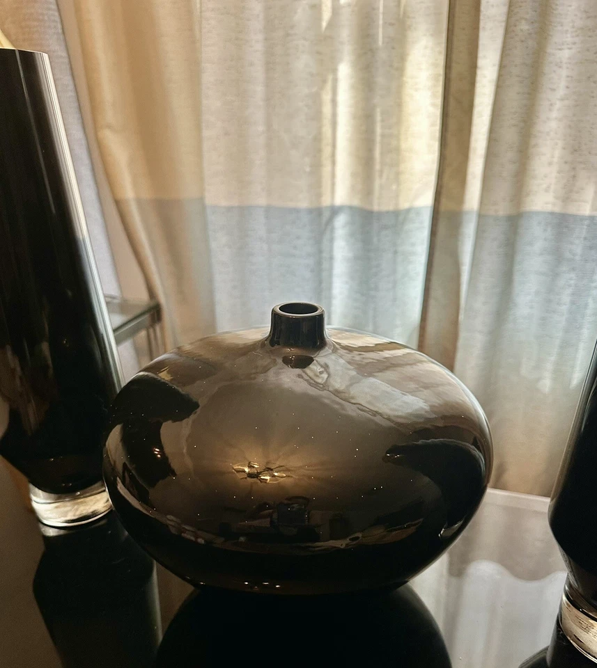 Black Glass Vase Tall Cylinder Glassware Set Of 2- 15” And 1 Round (3pcs) Decor - Image 4 of 4