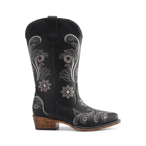 Women Western Cowboy Cowgirl Boots Square Toe Embroidered Pull On Mid Calf Boots - Picture 6 of 28