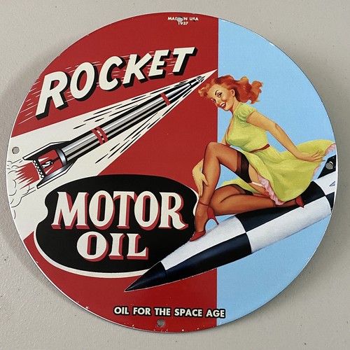 VINTAGE ROCKET PORCELAIN GAS MOTOR OIL SPACE PETROLEUM SERVICE STATION PUMP SIGN - Picture 11 of 12