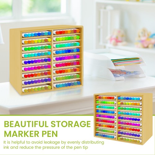 Marker Organizer Bamboo Pen Holder with Compartments Space Saving for Home behge - Picture 5 of 11
