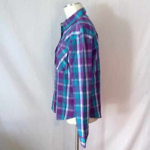 Vintage Cowgirl Hardware Western Hemd Damen L Druckknöpfe lila türkis kariert Rodeo L/S - Bild 6 von 12