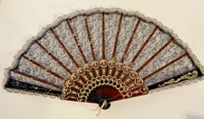 Vintage Lace Fan Brown Faux Tortoise Shell, Black Lace, Gold Decorations 17.5"