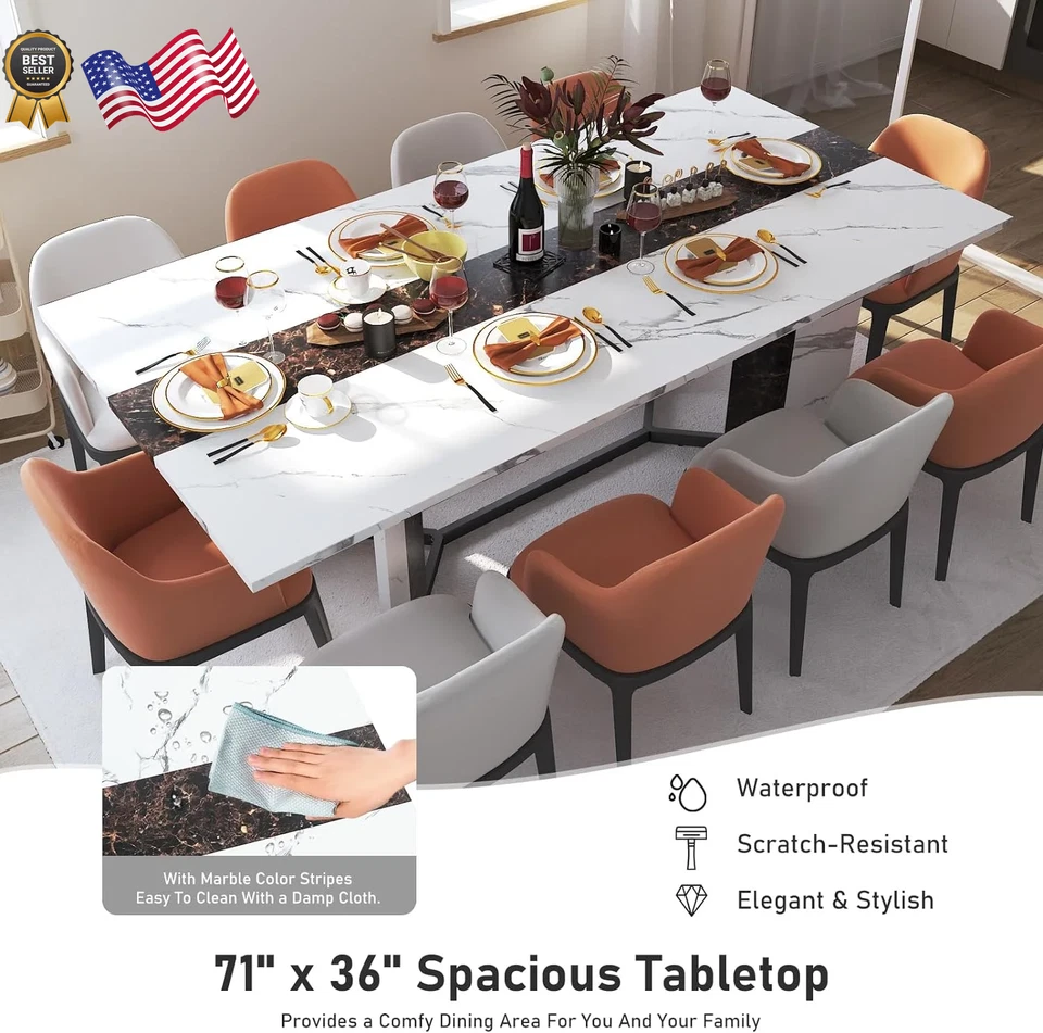 Mesa de comedor rectangular grande de 71 pulgadas para 6-8 personas mesa de comedor con mármol Foto 3 de 4