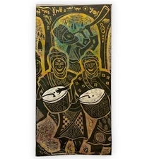 Linocut Print On Rice Paper By Segun Adeku - Musicians -  Limited Edition - 1991