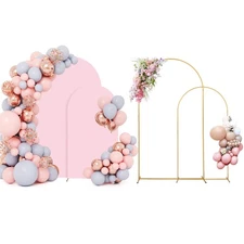 Metal Arch Backdrop Stand Set of 2 With Pink Cover (7.2FT+6FT) Gold Wedding A...