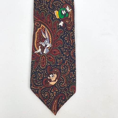VTG 1994 Looney Tunes Mania Looney Tunes Characters Brown Paisley Design Necktie - Picture 2 of 7