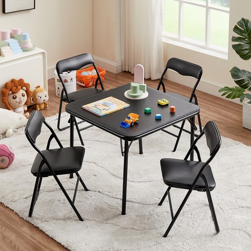 Portable 5 Pcs Kid Folding Card Table and Chairs Set with Soft PU Padded Cushion - Picture 10 of 37