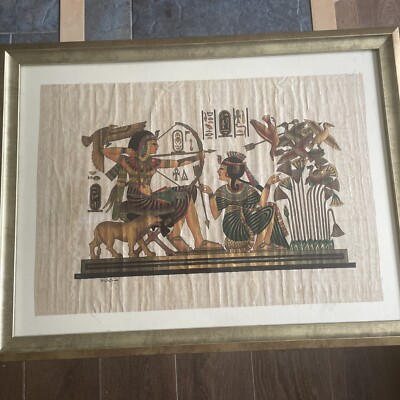 ÄGYPTISCHER Pharao auf Wasserfloß Papyrus Pergament, vergoldeter Rahmen Bild 28 x22 Zoll