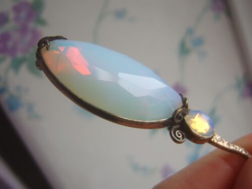 Vintage Hammered 925 Sterling Silver Opalescent Gemstone Brooch Girasol Quartz - Picture 8 of 15