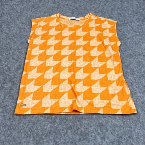 Lacoste Orange Houndstooth Print Crew Neck Cap Sleeve Shirt Women's Sz 36 Small