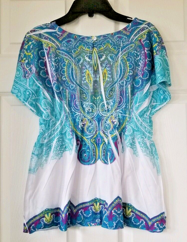 CANDIE'S Teal Paisley Print Boho Style Top Short Batwing Sleeves Girls Size XL - Picture 5 of 8