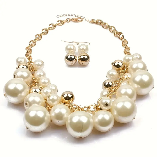 Damen Halskette Perlenkette Ohrringe Große Perlen Gold Weiß Surfer Schmuck Kette - Bild 2 von 3