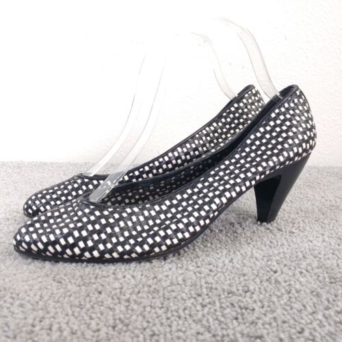Joan & David Womens 8.5 Shoes Black White Pumps Basketweave Woven Heels