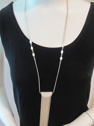 NWT White House/ Black Market Pretty Long Gold Tone Fringe Necklace/ Stones - Picture 5 of 8