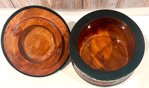 Handgeschnitzte glasierte dunkle Holzschale mit Deckel Südwest Volkskunst Design - Bild 8 von 10