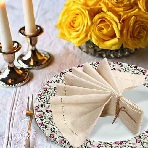 Natural Flax Cotton Dinner Napkins, Hemstitched, Linen Look, Pack of 12, 20x20 - Picture 3 of 9