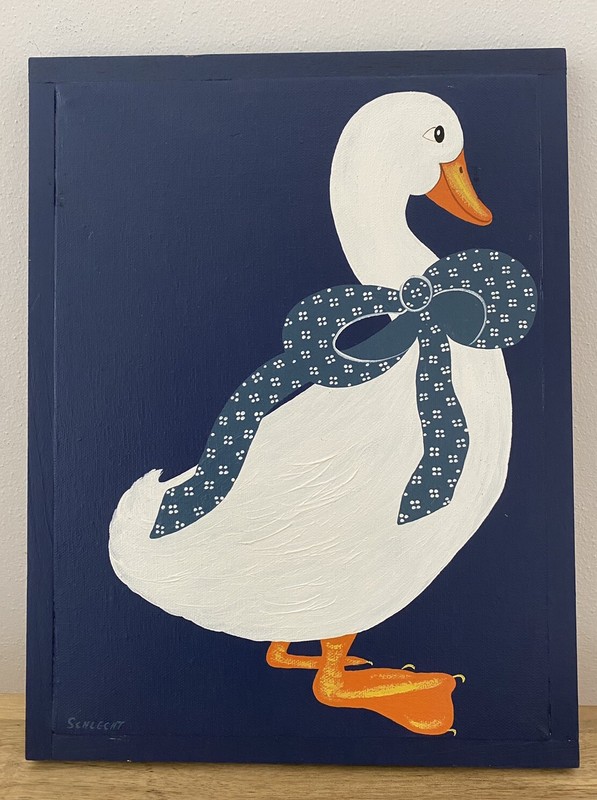 Vtg 80s 90s Country Duck Painting Retro Naive Prim Cottage Farm Signed Whimsical