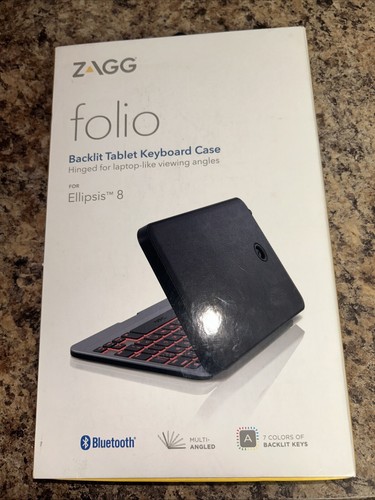 NEU Zagg Folio Hülle Tastatur mit Hintergrundbeleuchtung für Verizon Ellipsis 8 Bluetooth EL8ZKF-BBO