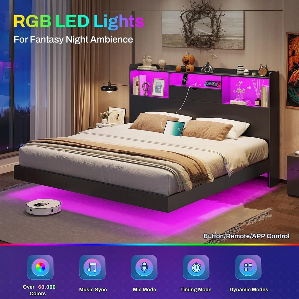 Cama flutuante king size estrutura com luzes LED estação de carregamento plataforma de metal cama - Imagem 4 de 4