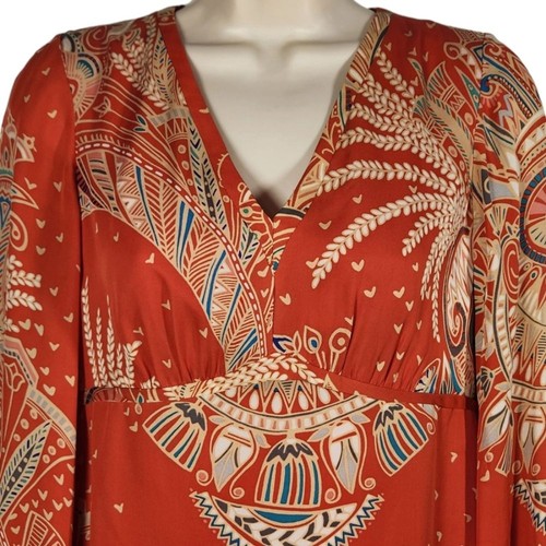 Alice Trixie Dress Babydoll Silk Mini Short Long Sleeve Tribal Peasant Orange XS - Picture 2 of 14