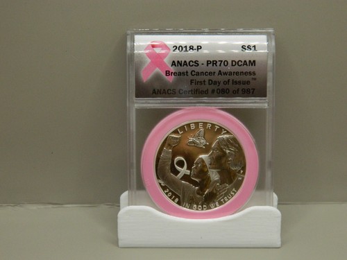 2018-P BREST CANCER AWARENESS COMEMORATIVE SILVER DOLLAR ANACS PR70 DCAM - Picture 1 of 4
